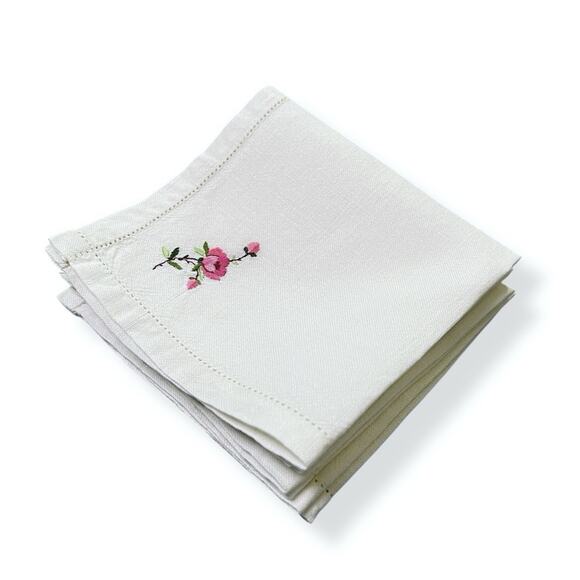 Delicate Linen Napkins Vintage Set 4 Embroidered Corner Flower Pink Green 11x11 - Picture 7 of 9